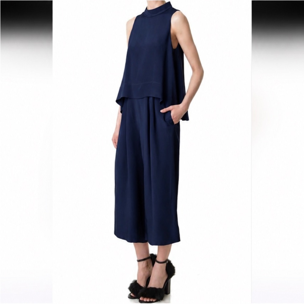 Tibi 100% Silk Jumpsuit Wide Leg High Mock Neck Navy Blue Open Back Sleeveless